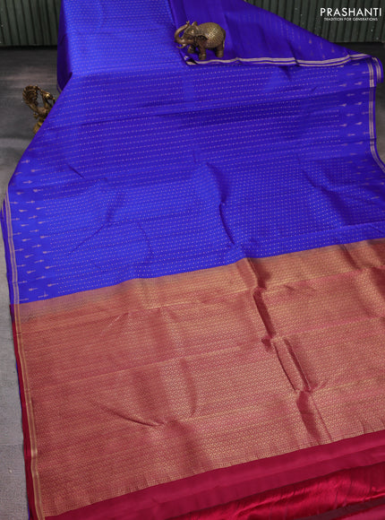Pure kanchipuram silk saree blue and maroon with allover zari weaves and small zari woven border