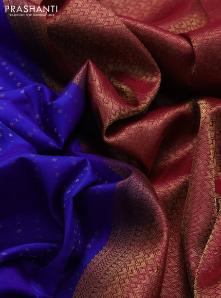 Pure kanchipuram silk saree blue and maroon with allover zari weaves and small zari woven border