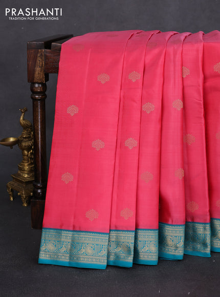 Pure kanchipuram silk saree pink and teal green with floral zari woven buttas and zari woven korvai border