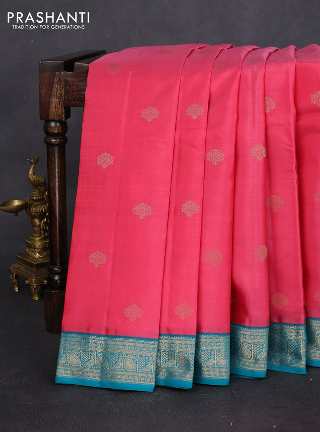 Pure kanchipuram silk saree pink and teal green with floral zari woven buttas and zari woven korvai border