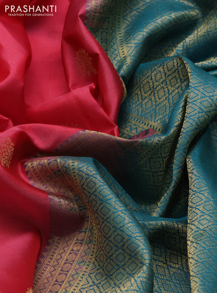 Pure kanchipuram silk saree pink and teal green with floral zari woven buttas and zari woven korvai border