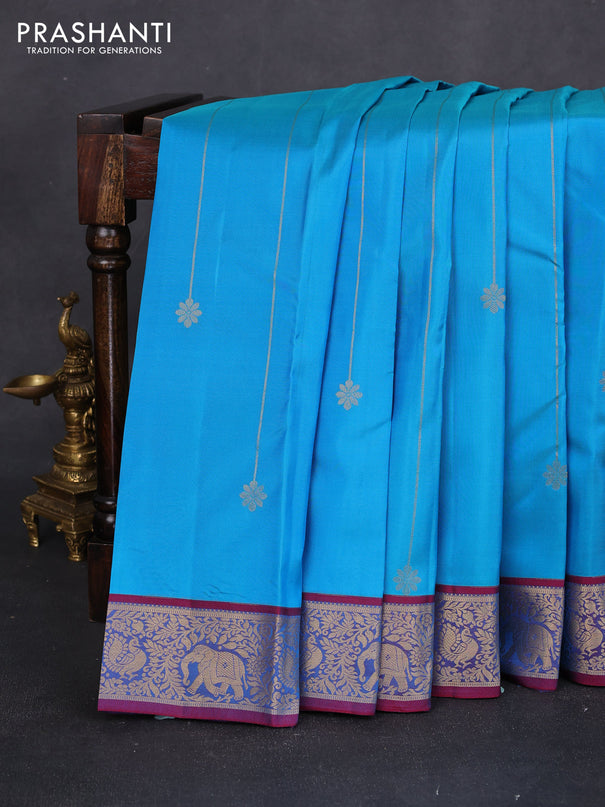 Pure kanchipuram silk saree cs blue and dual shade of maroon with allover zari weaves and rich zari woven border