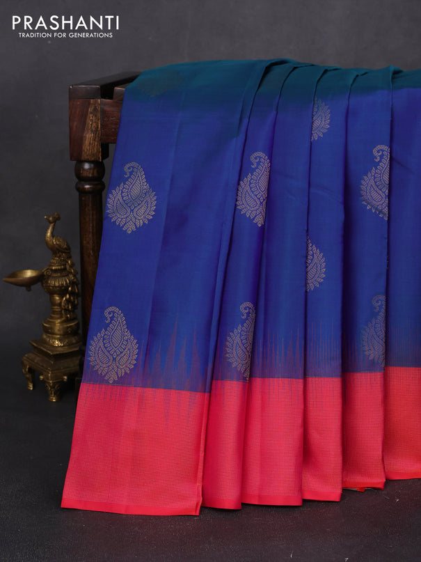 Pure kanchipuram silk saree dual shade of blue and dual shade of pinkish orange with zari woven buttas and zari woven border