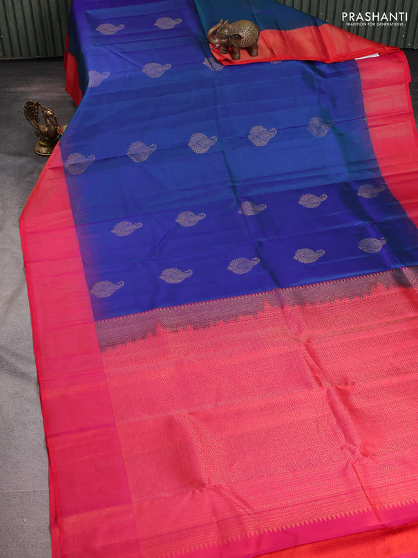 Pure kanchipuram silk saree dual shade of blue and dual shade of pinkish orange with zari woven buttas and zari woven border