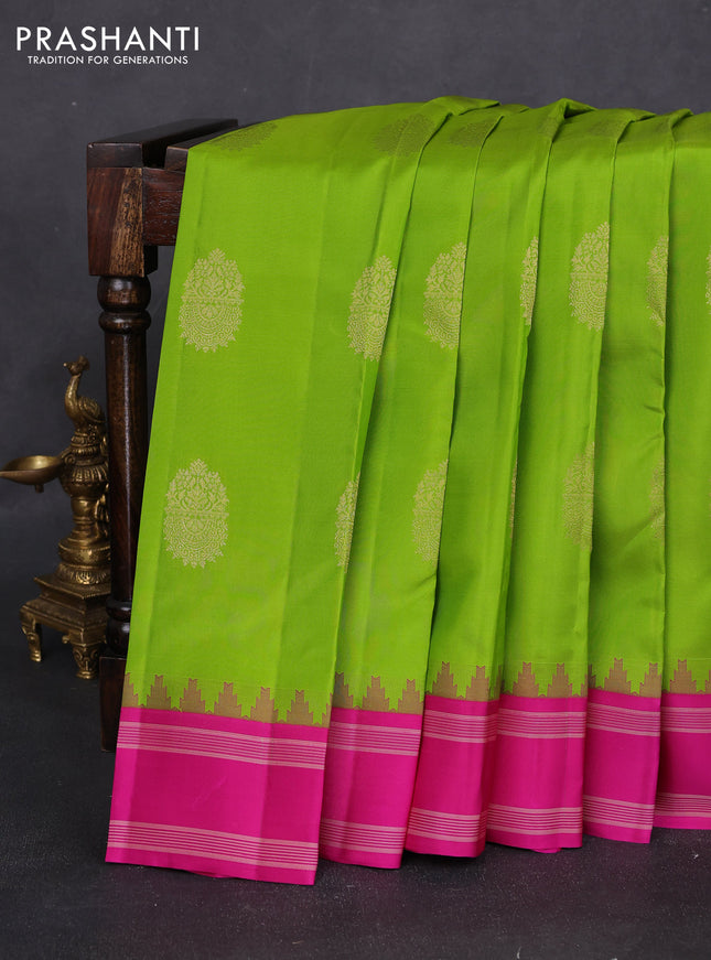 Pure kanchipuram silk saree light green and pink with zari woven buttas and temple design woven border