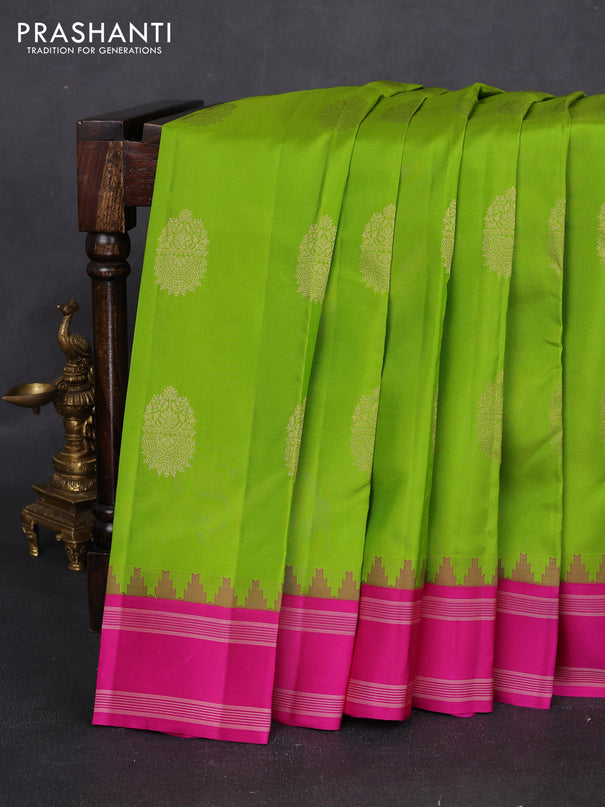 Pure kanchipuram silk saree light green and pink with zari woven buttas and temple design woven border