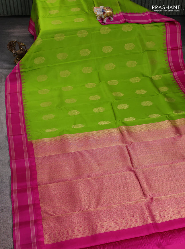 Pure kanchipuram silk saree light green and pink with zari woven buttas and temple design woven border