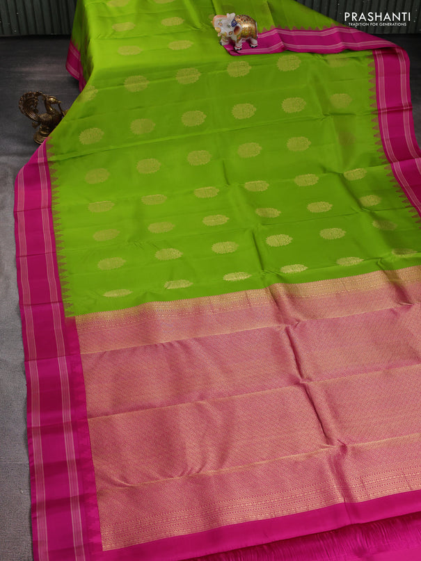 Pure kanchipuram silk saree light green and pink with zari woven buttas and temple design woven border
