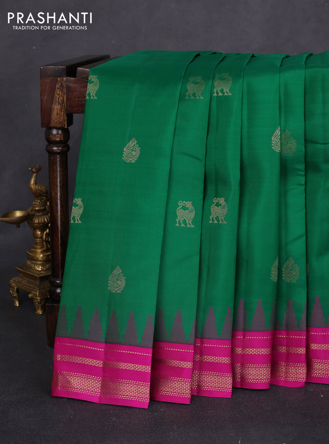 Pure kanchipuram silk saree green and pink with annam zari woven buttas and temple design zari woven border