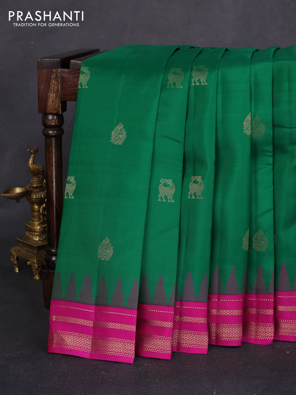 Pure kanchipuram silk saree green and pink with annam zari woven buttas and temple design zari woven border