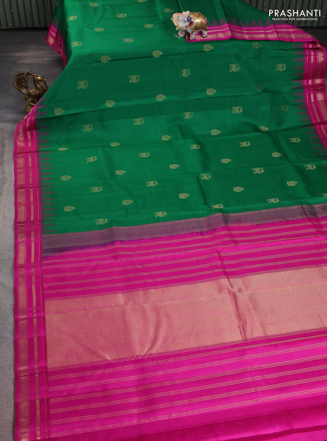 Pure kanchipuram silk saree green and pink with annam zari woven buttas and temple design zari woven border
