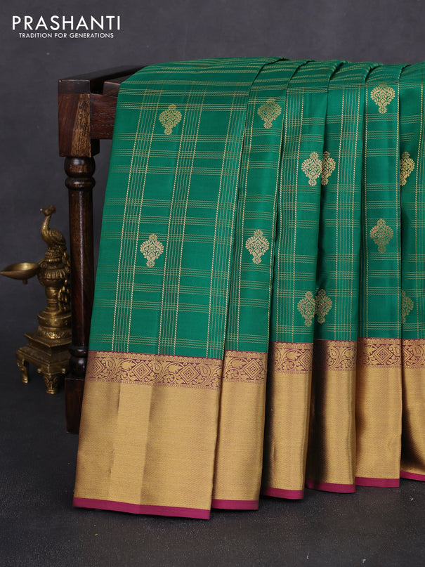 Pure kanchipuram silk saree green and wine shade with allover zari checks & buttas and rich zari woven border