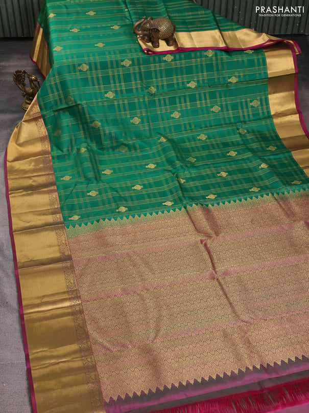 Pure kanchipuram silk saree green and wine shade with allover zari checks & buttas and rich zari woven border