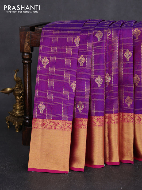 Pure kanchipuram silk saree purple and pink with allover zari checks & buttas and rich zari woven border