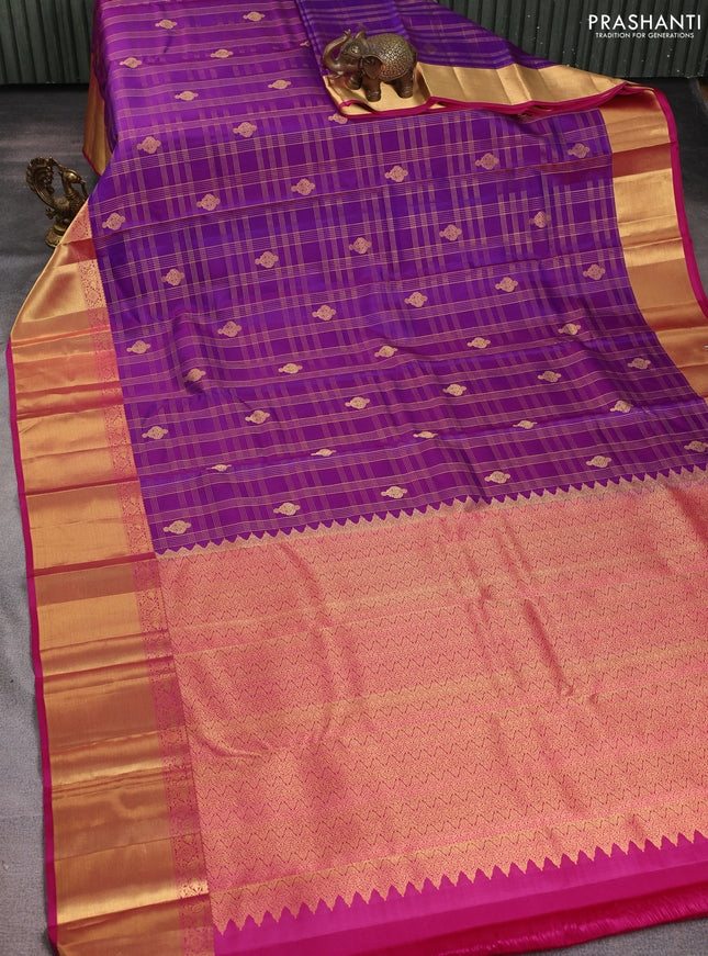 Pure kanchipuram silk saree purple and pink with allover zari checks & buttas and rich zari woven border