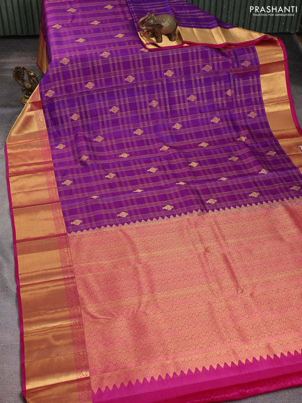 Pure kanchipuram silk saree purple and pink with allover zari checks & buttas and rich zari woven border
