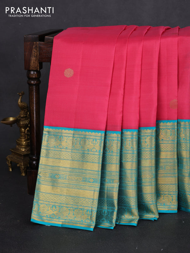 Pure kanchipuram silk saree mauve pink and teal blue with zari woven buttas and long annam rettapet zari woven border