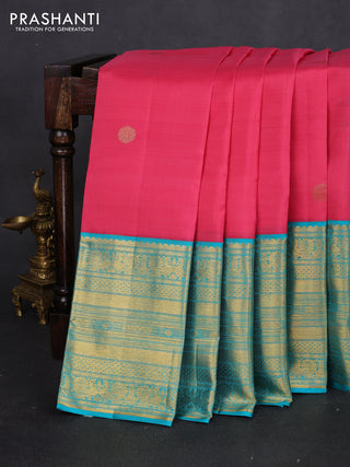 Pure kanchipuram silk saree mauve pink and teal blue with zari woven buttas and long annam rettapet zari woven border