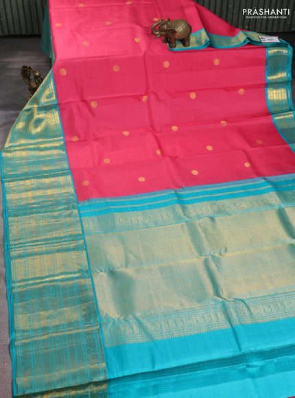 Pure kanchipuram silk saree mauve pink and teal blue with zari woven buttas and long annam rettapet zari woven border