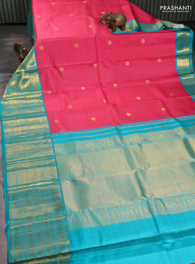 Pure kanchipuram silk saree mauve pink and teal blue with zari woven buttas and long annam rettapet zari woven border