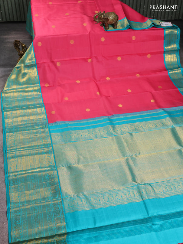Pure kanchipuram silk saree mauve pink and teal blue with zari woven buttas and long annam rettapet zari woven border