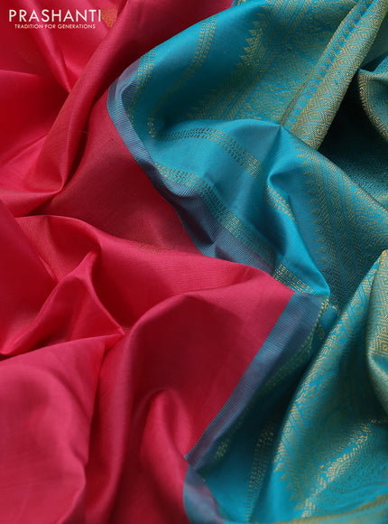 Pure kanchipuram silk saree mauve pink and teal blue with zari woven buttas and long annam rettapet zari woven border