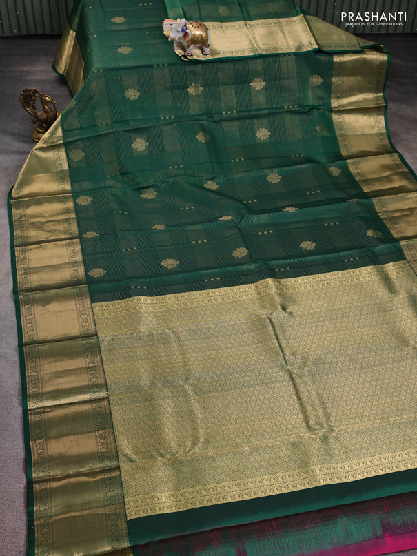 Pure kanchipuram silk saree green and magenta pink with allover zari weaves & buttas and rich zari woven border