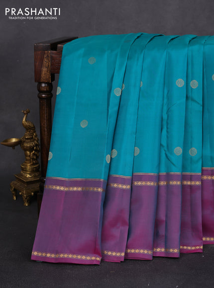 Pure kanchipuram silk saree teal green and dual shade of purple with zari woven buttas and rettapet zari woven border