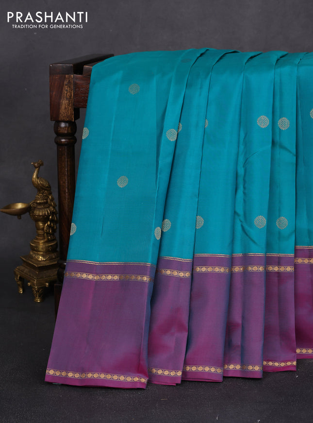 Pure kanchipuram silk saree teal green and dual shade of purple with zari woven buttas and rettapet zari woven border