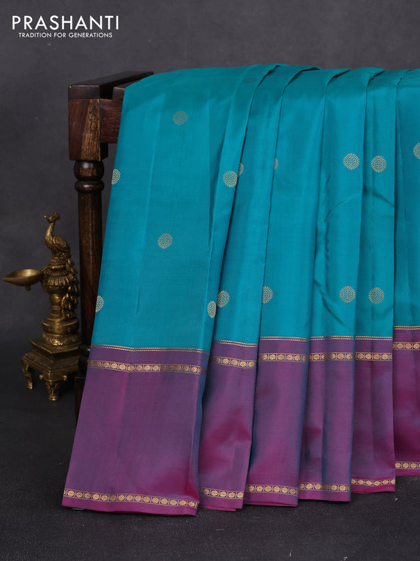Pure kanchipuram silk saree teal green and dual shade of purple with zari woven buttas and rettapet zari woven border