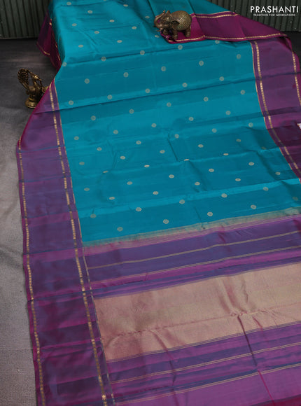 Pure kanchipuram silk saree teal green and dual shade of purple with zari woven buttas and rettapet zari woven border