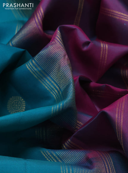 Pure kanchipuram silk saree teal green and dual shade of purple with zari woven buttas and rettapet zari woven border