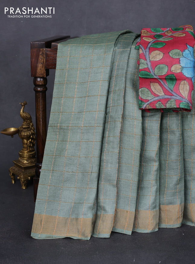 Pure tussar silk saree pastel green and maroon with allover zari checked pattern and zari woven border