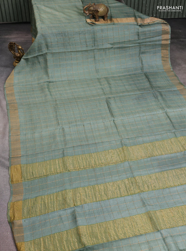 Pure tussar silk saree pastel green and maroon with allover zari checked pattern and zari woven border
