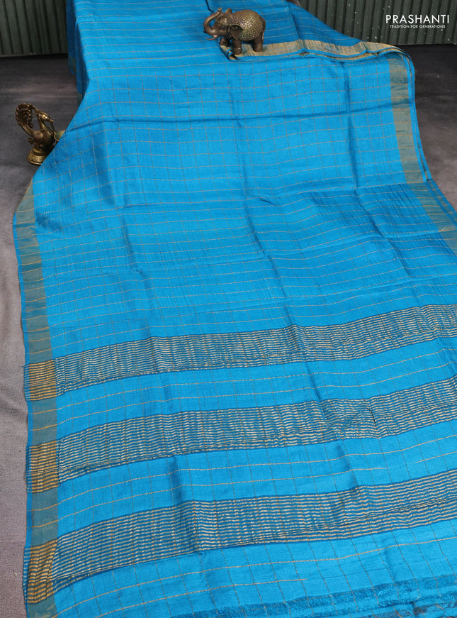 Pure tussar silk saree cs blue and bluish grey with allover zari checked pattern and zari woven border