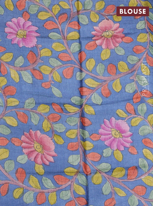 Pure tussar silk saree cs blue and bluish grey with allover zari checked pattern and zari woven border