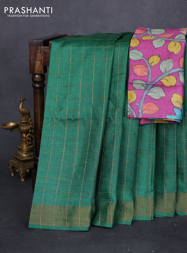 Pure tussar silk saree green and purple with allover zari checked pattern and zari woven border
