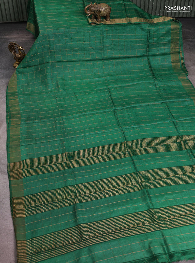 Pure tussar silk saree green and purple with allover zari checked pattern and zari woven border