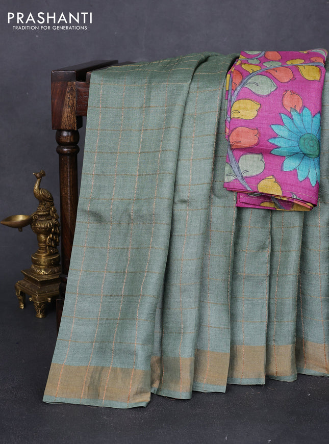 Pure tussar silk saree pastel green and magenta pink with allover zari checked pattern and zari woven border