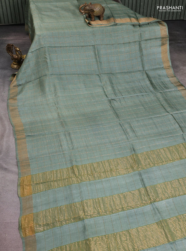 Pure tussar silk saree pastel green and magenta pink with allover zari checked pattern and zari woven border