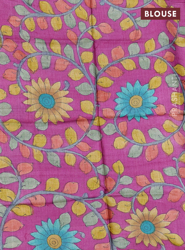 Pure tussar silk saree pastel green and magenta pink with allover zari checked pattern and zari woven border