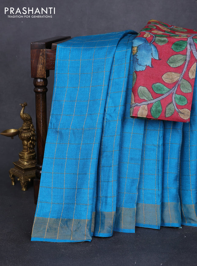 Pure tussar silk saree cs blue and maroon with allover zari checked pattern and zari woven border