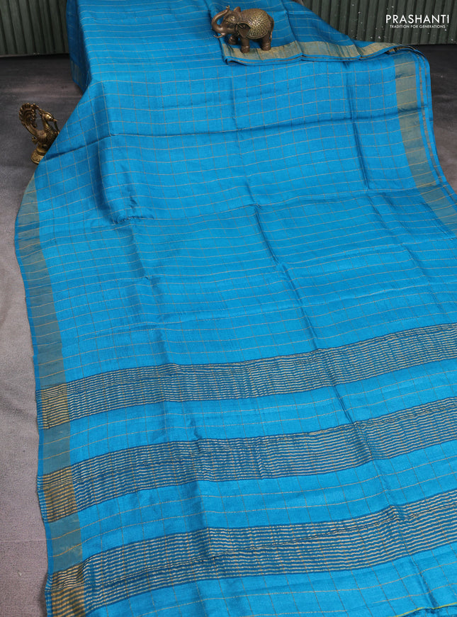 Pure tussar silk saree cs blue and maroon with allover zari checked pattern and zari woven border