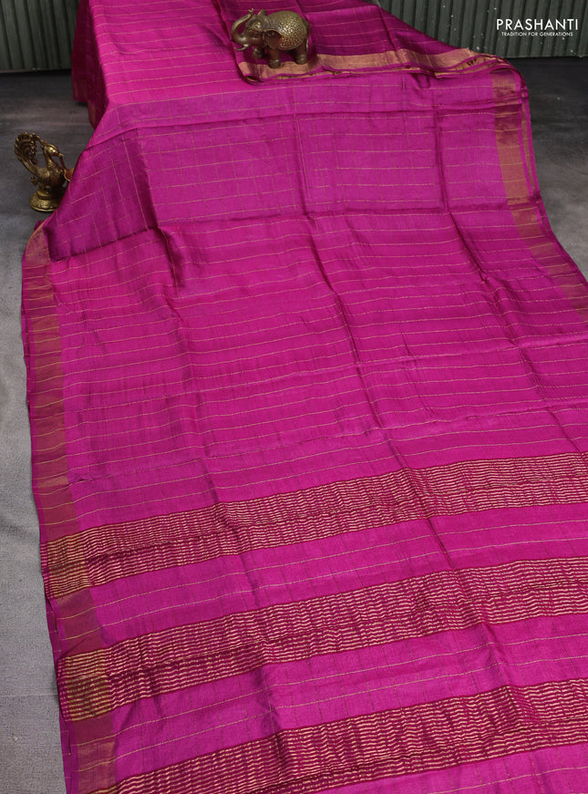 Pure tussar silk saree pink and blue shade with allover zari checked pattern and zari woven border