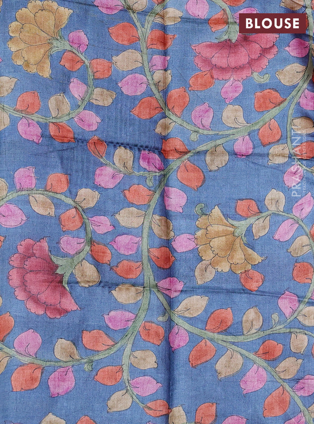 Pure tussar silk saree pink and blue shade with allover zari checked pattern and zari woven border