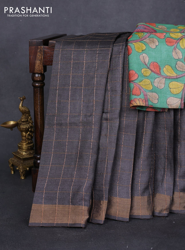 Pure tussar silk saree dark grey and green with allover zari checked pattern and zari woven border