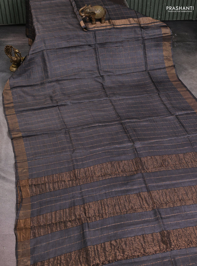 Pure tussar silk saree dark grey and green with allover zari checked pattern and zari woven border