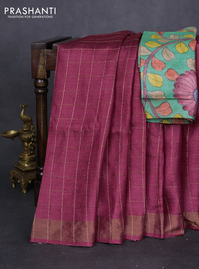 Pure tussar silk saree maroon and green with allover zari checked pattern and zari woven border