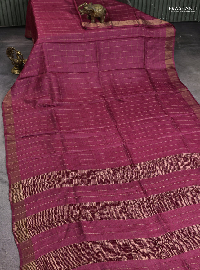 Pure tussar silk saree maroon and green with allover zari checked pattern and zari woven border