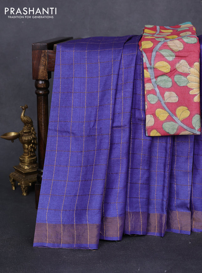 Pure tussar silk saree blue and maroon with allover zari checked pattern and zari woven border